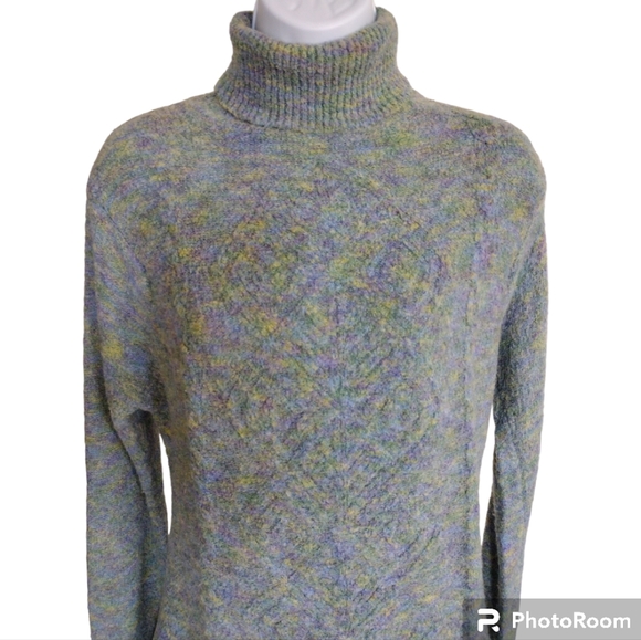 ICON Ombre Blue Green Purple Teal Knit Cable Turtleneck Medium - Picture 3 of 13